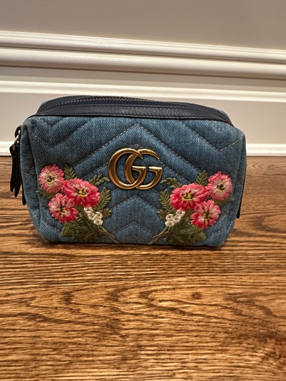 Gucci Denim Floral Embroidered GG Cosmetic Case in Blue and Pink
